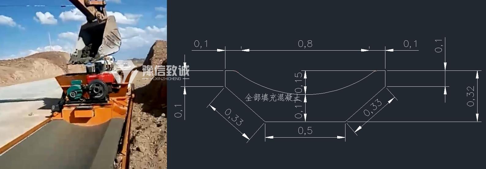 淺碟型水溝成型機現場(chǎng)和尺寸
